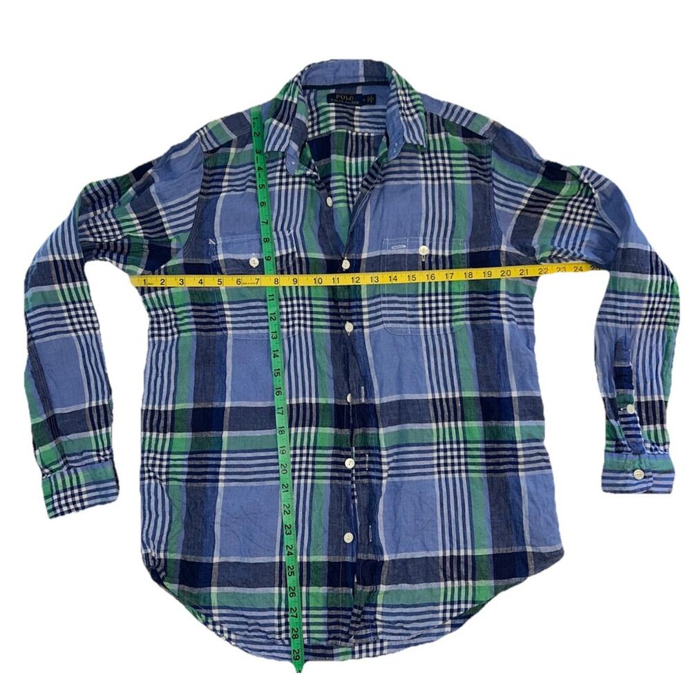 Polo Ralph Lauren Mens Med 100% Linen Plaid Long Sleeve Utility Shirt Blue / Grn - Picture 3 of 7